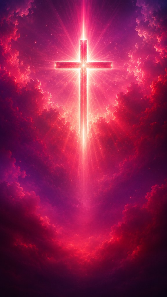 Radiant cross surrounded by crimson and pink clouds phone wallpaper