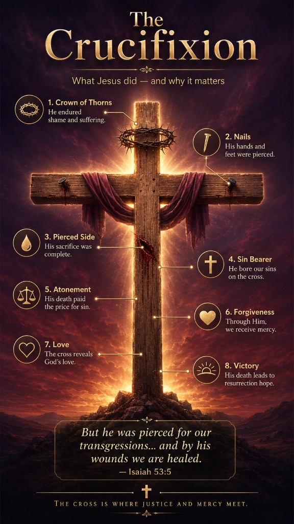The Crucifixion infographic with cross and Isaiah 53:5 phone wallpaper